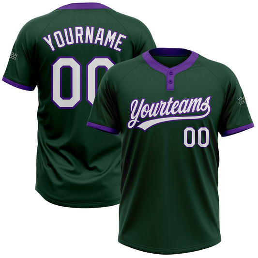 Custom Green White-Purple Two-Button Unisex Softball Jersey - Main View