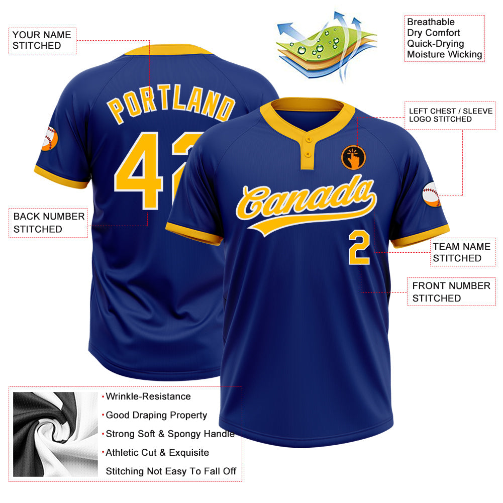 Custom Royal Gold-White Two-Button Unisex Softball Jersey view 3