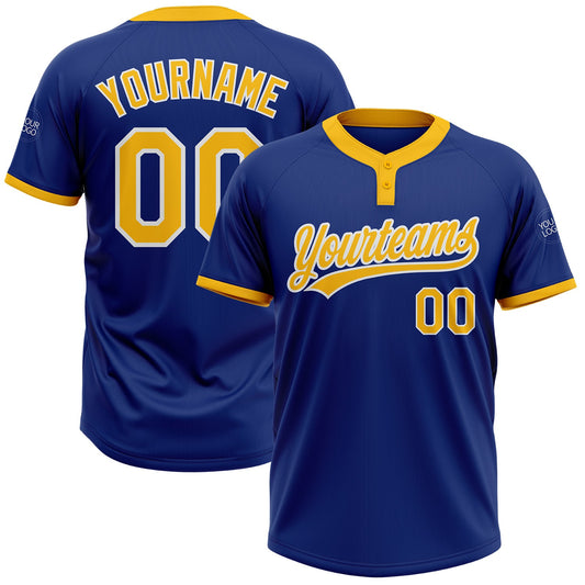 Custom Royal Gold-White Two-Button Unisex Softball Jersey - Main View