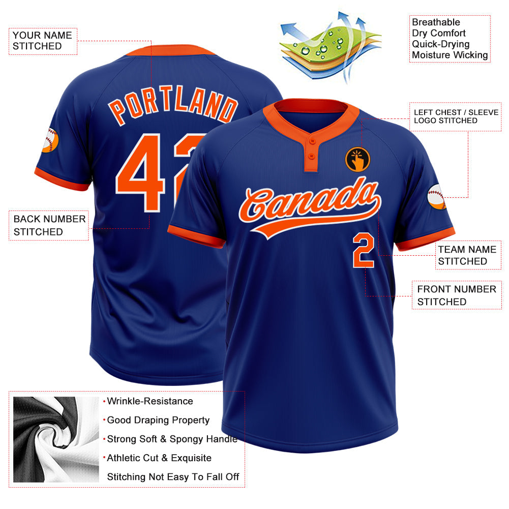 Custom Royal Orange-White Two-Button Unisex Softball Jersey view 3