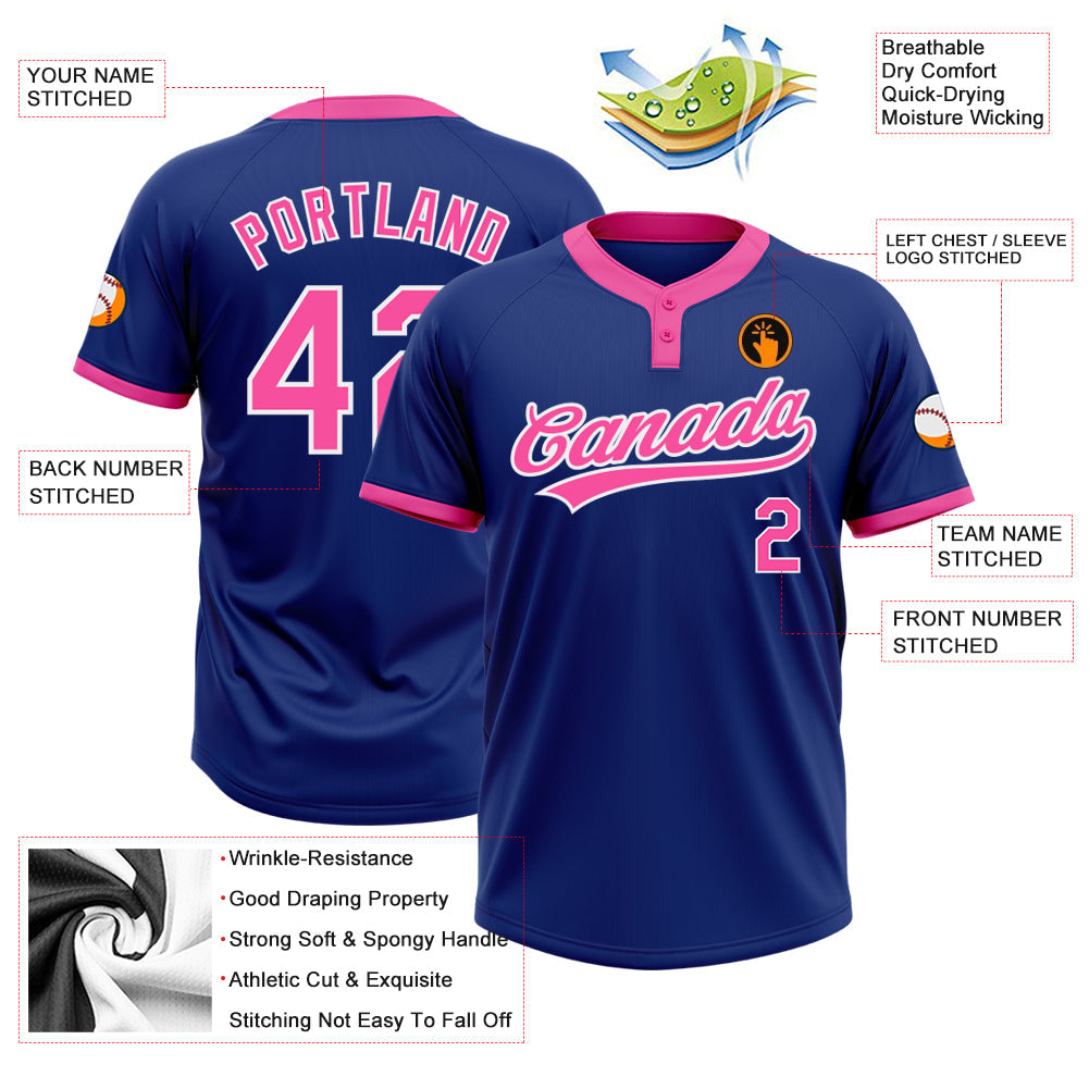 Custom Royal Pink-White Two-Button Unisex Softball Jersey view 3