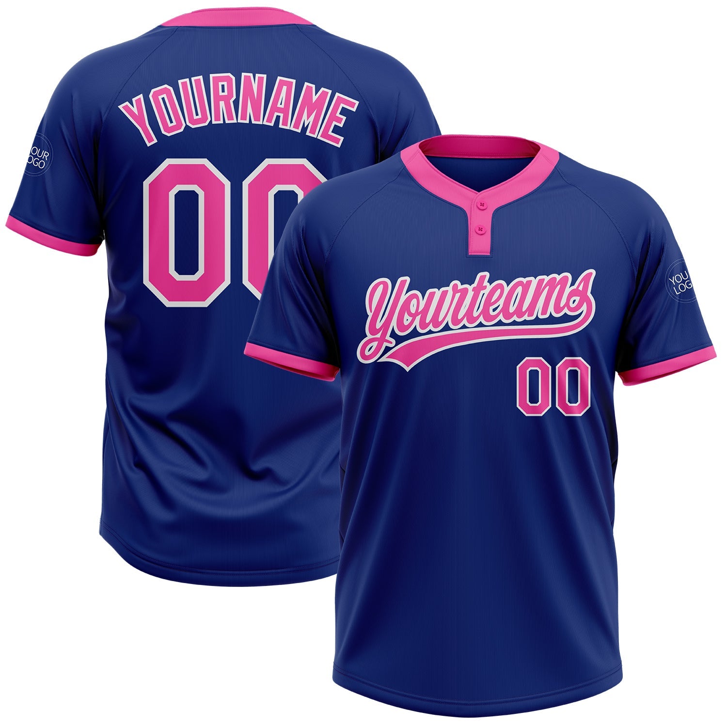 Custom Royal Pink-White Two-Button Unisex Softball Jersey - Main View