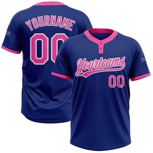 Custom Royal Pink-White Two-Button Unisex Softball Jersey - Main View