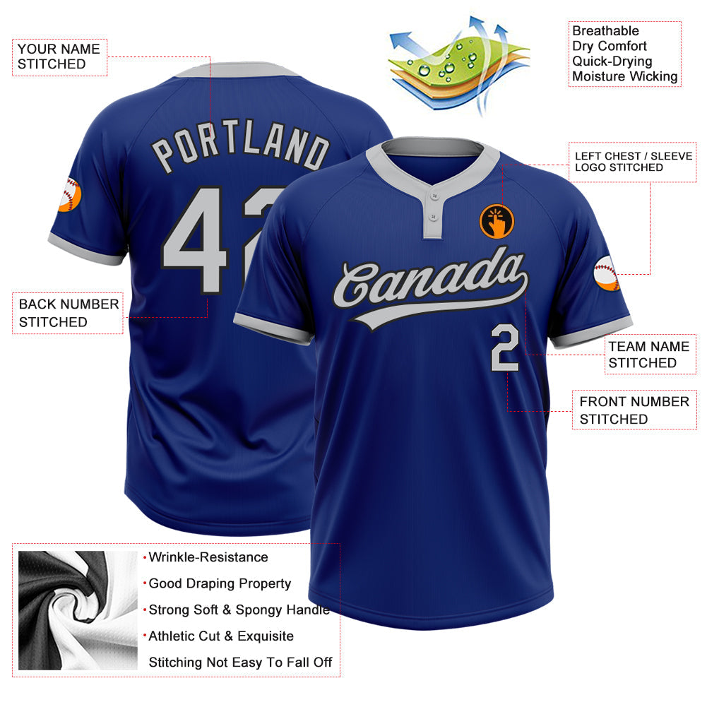 Custom Royal Gray-Black Two-Button Unisex Softball Jersey view 3