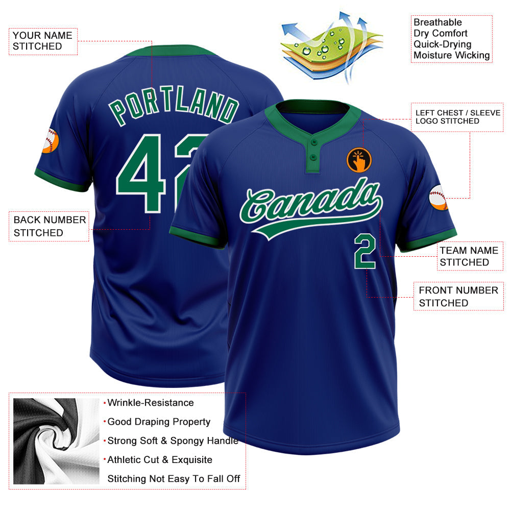 Custom Royal Kelly Green-White Two-Button Unisex Softball Jersey view 3