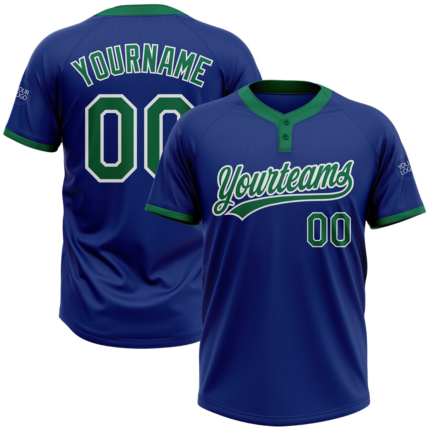 Custom Royal Kelly Green-White Two-Button Unisex Softball Jersey - Main View