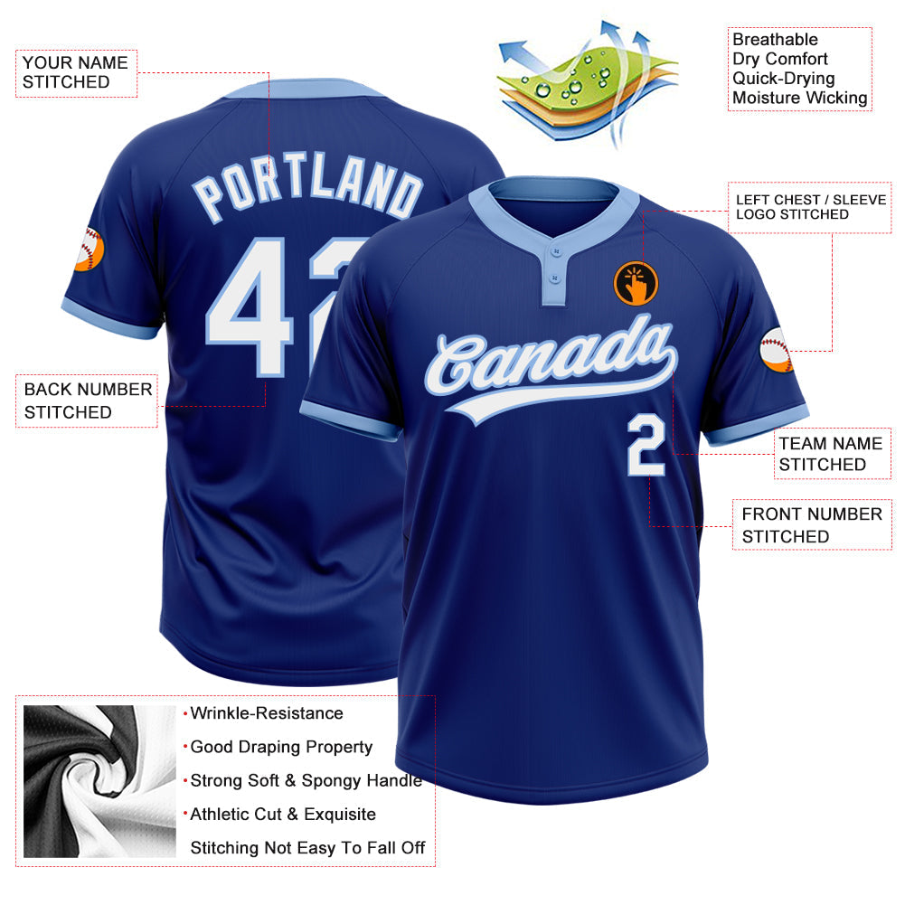 Custom Royal White-Light Blue Two-Button Unisex Softball Jersey view 3