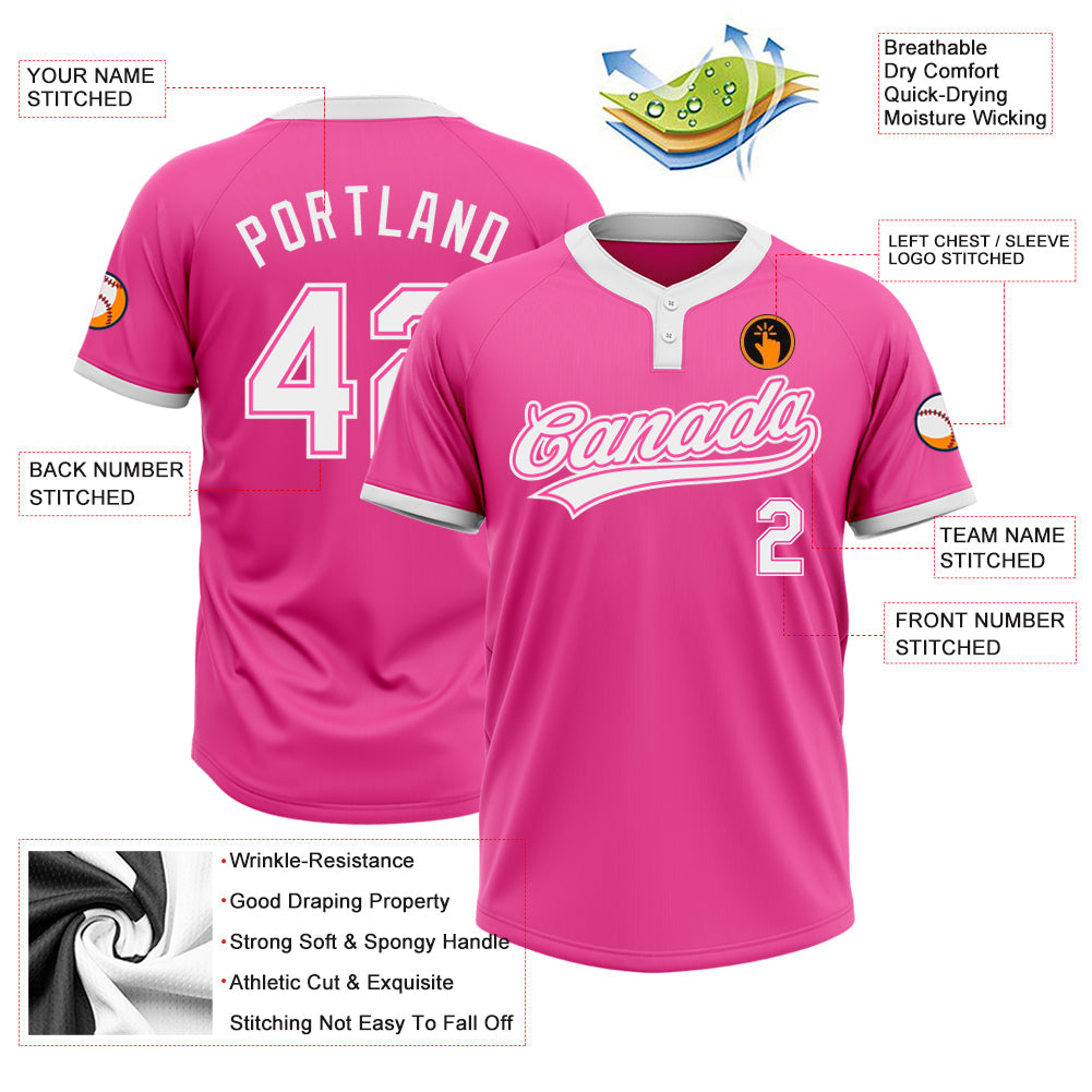 Custom Pink White Two-Button Unisex Softball Jersey view 3