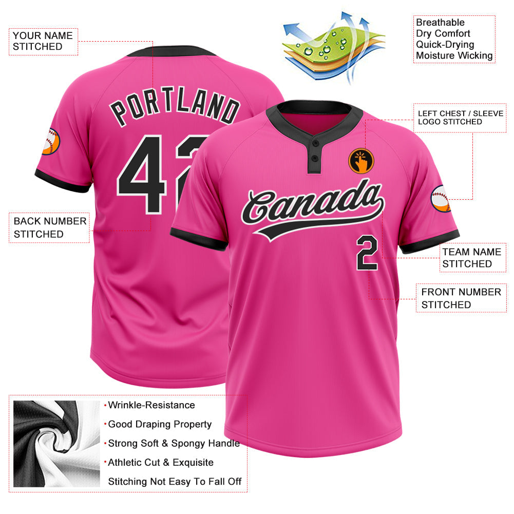 Custom Pink Black-White Two-Button Unisex Softball Jersey view 3