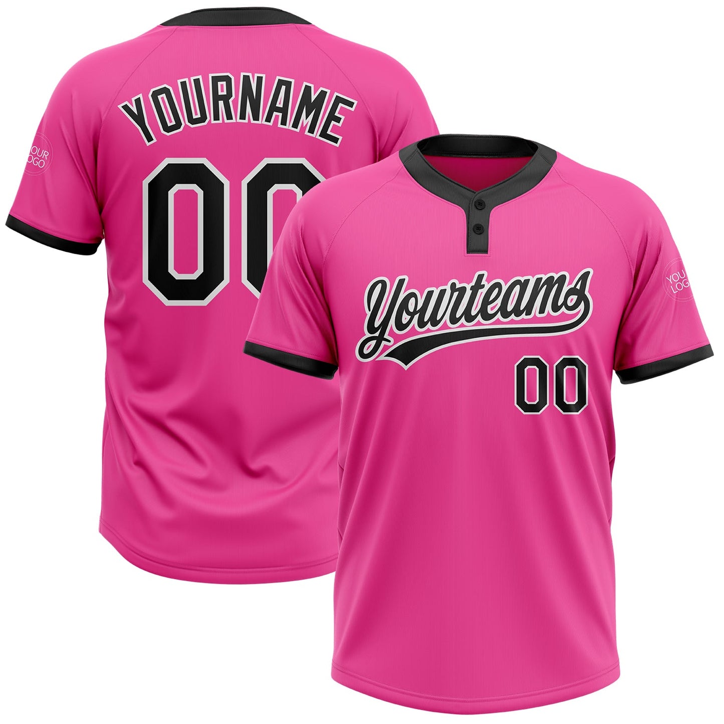 Custom Pink Black-White Two-Button Unisex Softball Jersey - Main View
