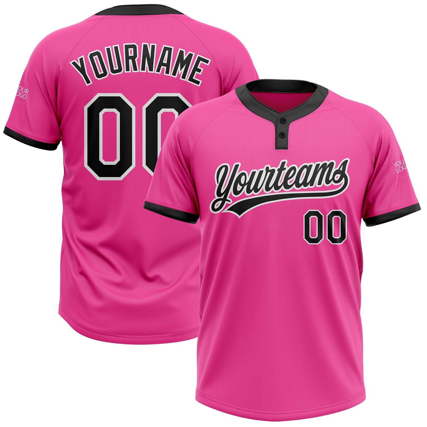 Custom Pink Black-White Two-Button Unisex Softball Jersey - Main View