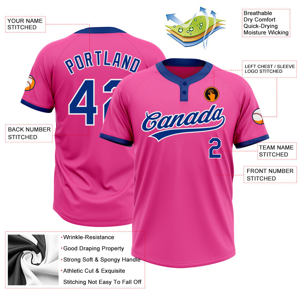 Custom Pink Royal-White Two-Button Unisex Softball Jersey view 3