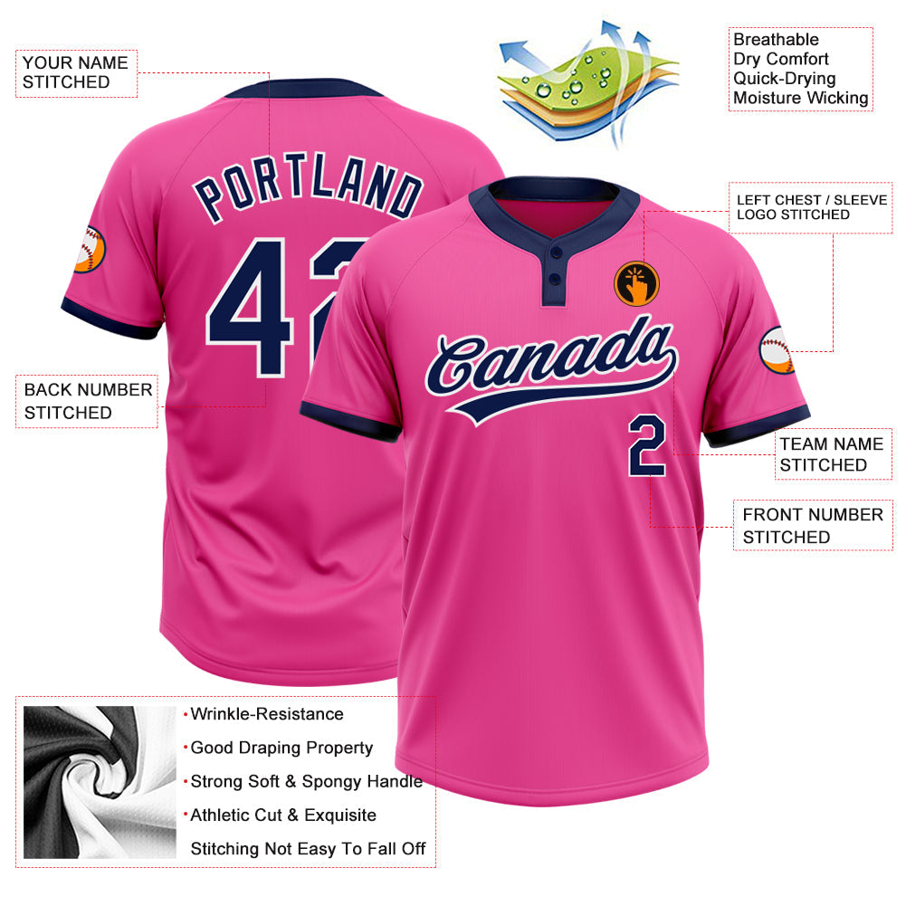 Custom Pink Navy-White Two-Button Unisex Softball Jersey view 3