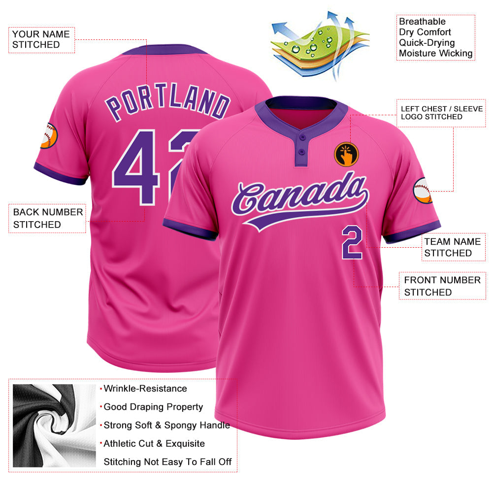 Custom Pink Purple-White Two-Button Unisex Softball Jersey view 3
