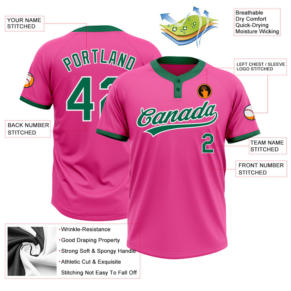 Custom Pink Kelly Green-White Two-Button Unisex Softball Jersey view 3