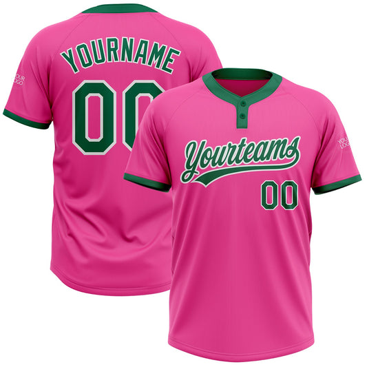 Custom Pink Kelly Green-White Two-Button Unisex Softball Jersey - Main View