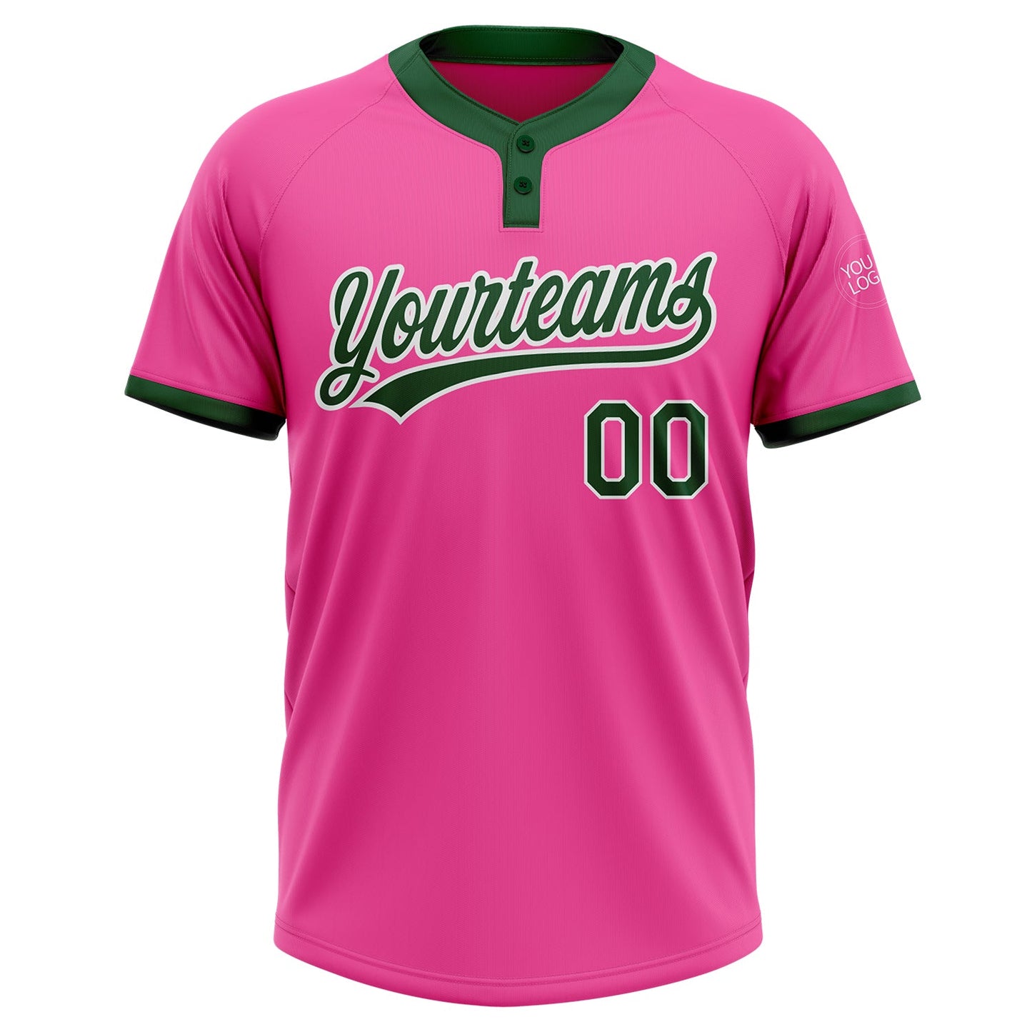 Custom Pink Green-White Two-Button Unisex Softball Jersey view 2