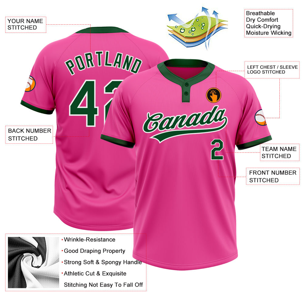 Custom Pink Green-White Two-Button Unisex Softball Jersey view 3