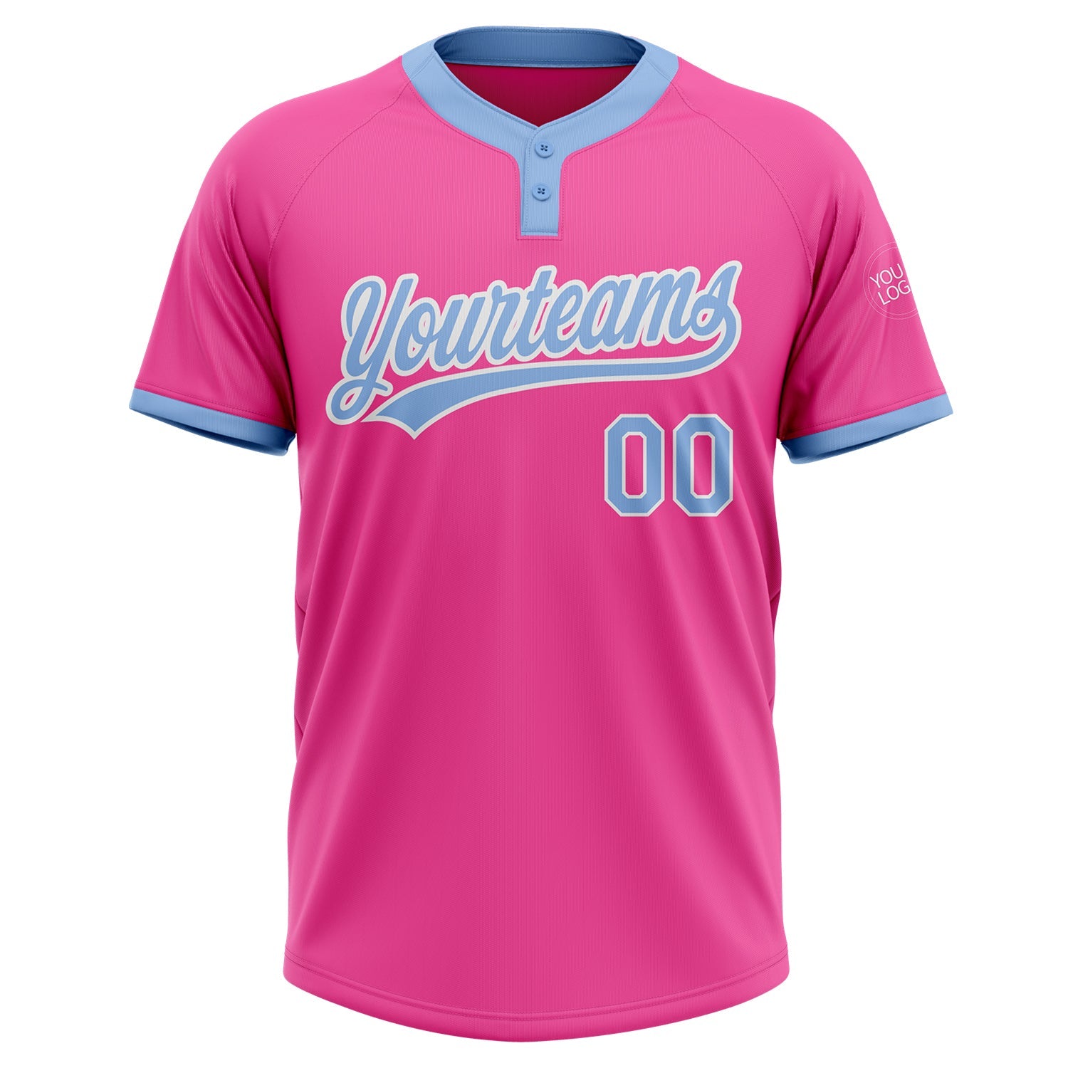 Custom Pink Light Blue-White Two-Button Unisex Softball Jersey view 3