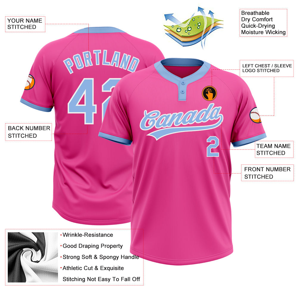 Custom Pink Light Blue-White Two-Button Unisex Softball Jersey view 4