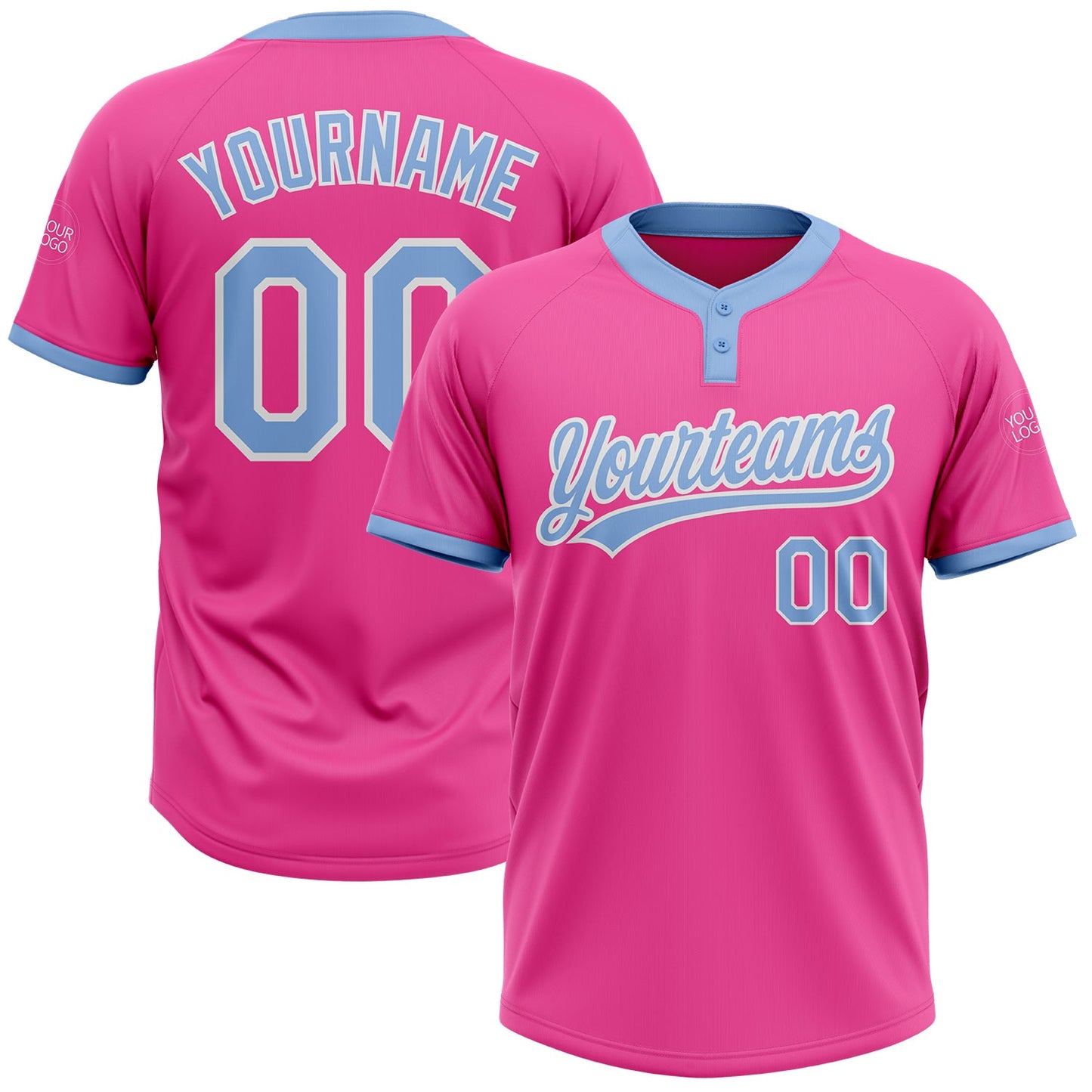 Custom Pink Light Blue-White Two-Button Unisex Softball Jersey - Main View