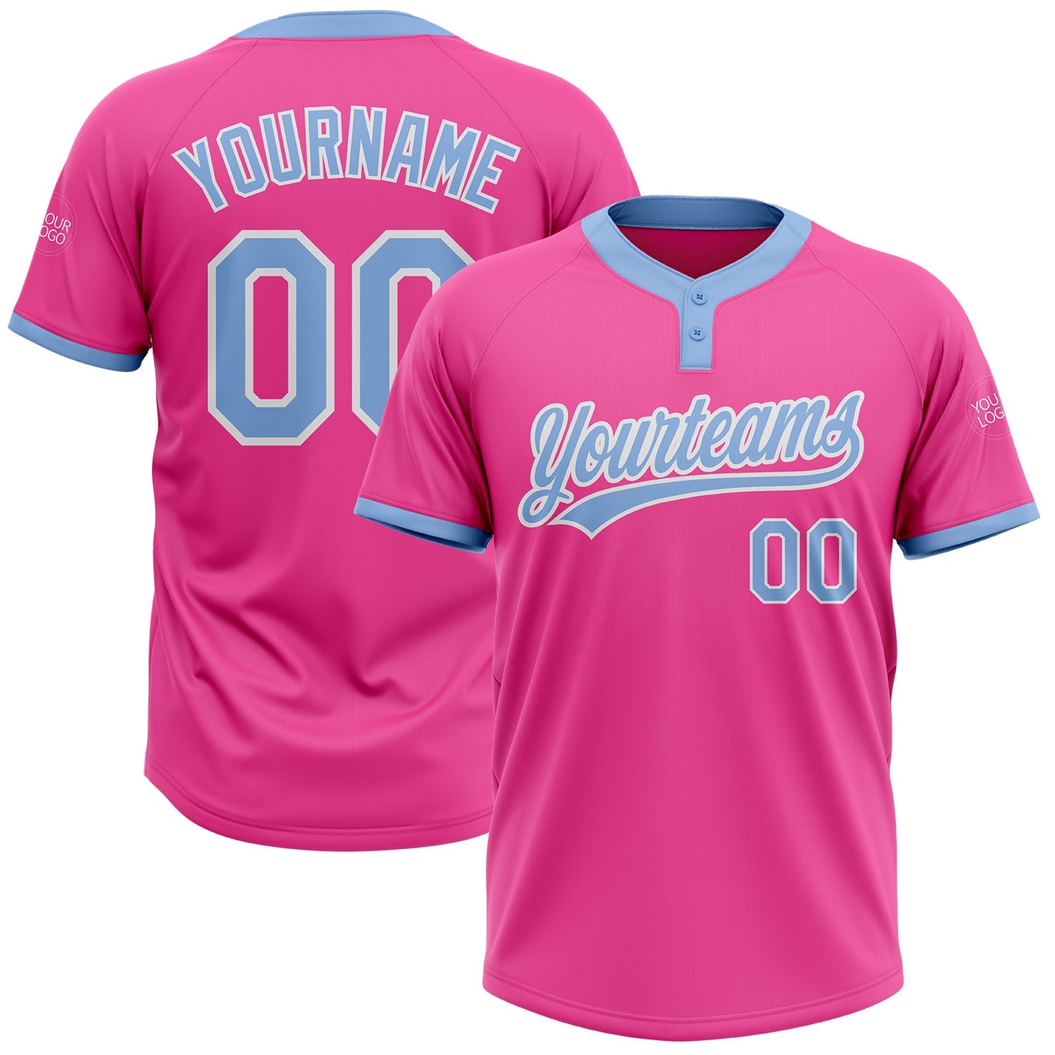 Custom Pink Light Blue-White Two-Button Unisex Softball Jersey - Main View
