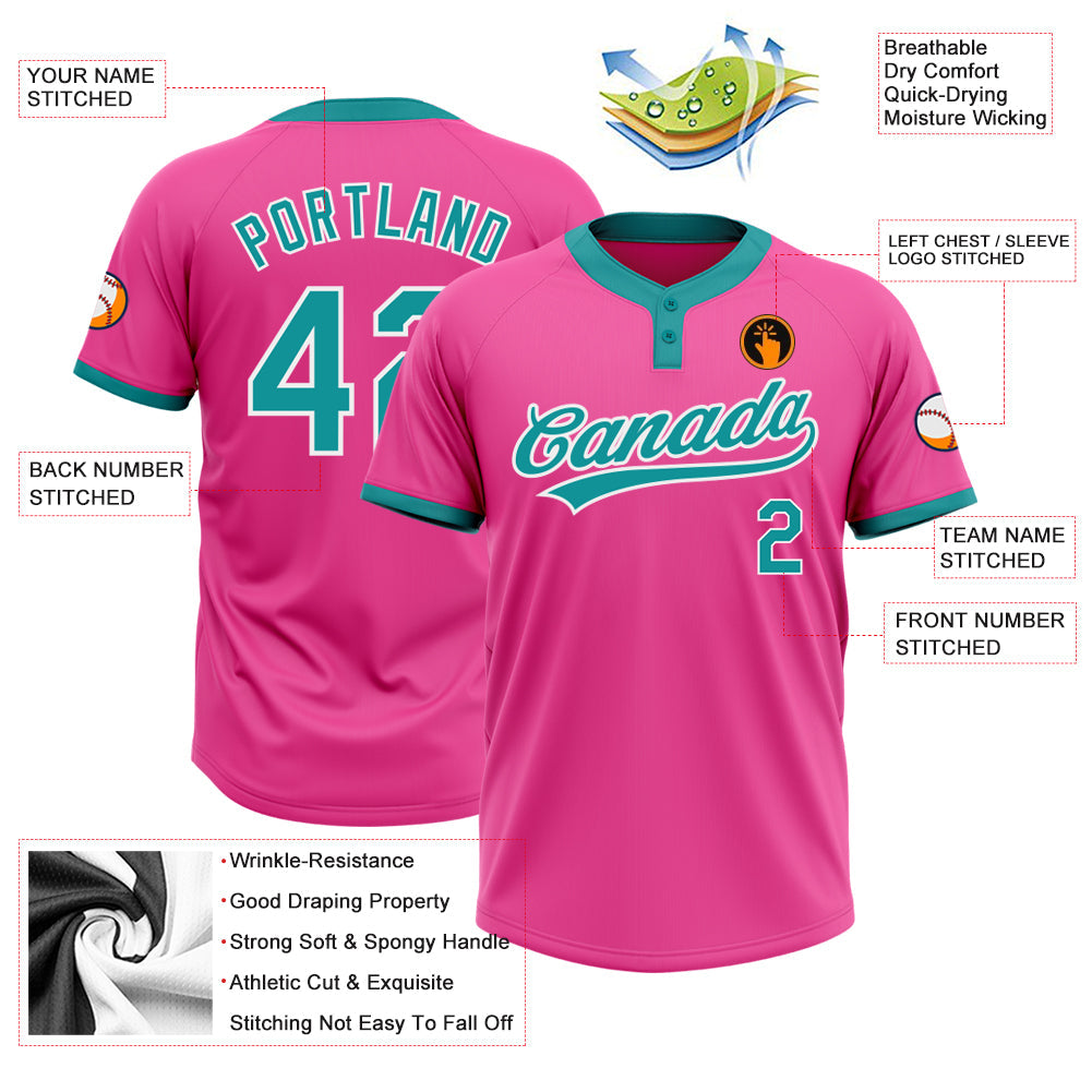 Custom Pink Teal-White Two-Button Unisex Softball Jersey view 3