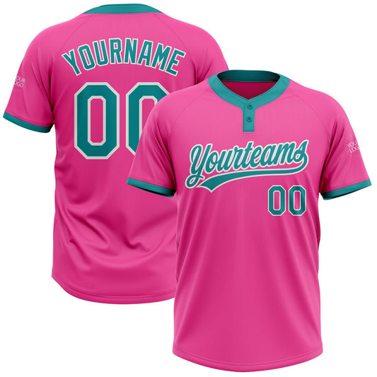 Custom Pink Teal-White Two-Button Unisex Softball Jersey - Main View