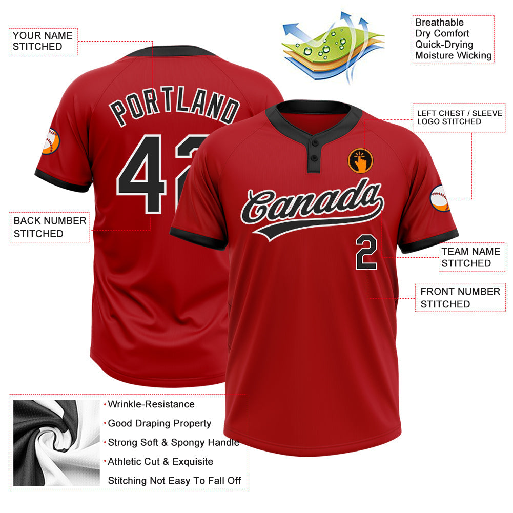 Custom Red Black-White Two-Button Unisex Softball Jersey view 3