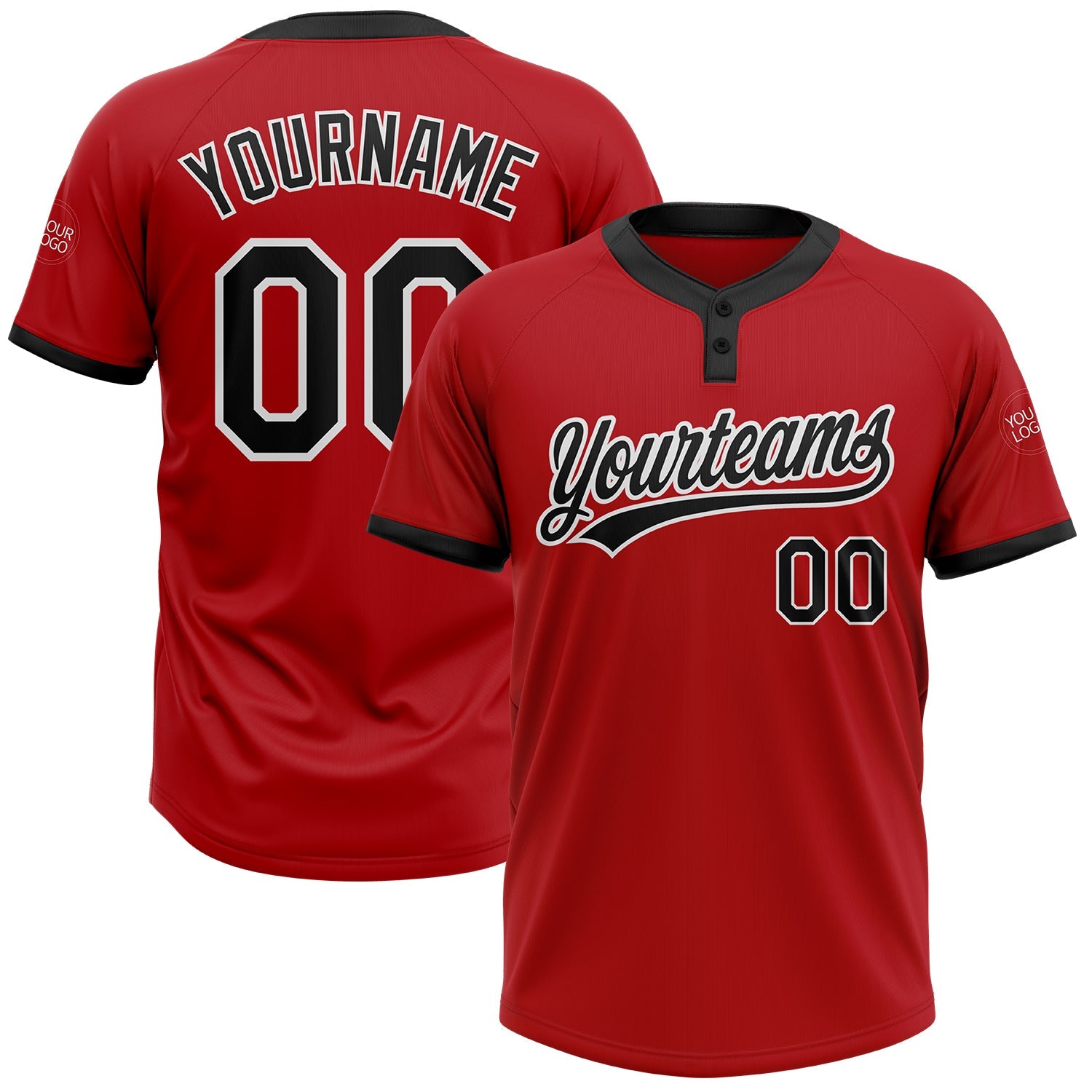Custom Red Black-White Two-Button Unisex Softball Jersey - Main View