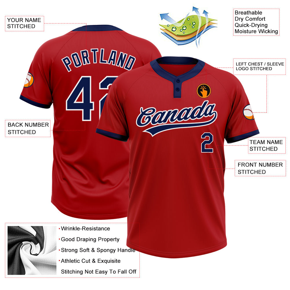 Custom Red Navy-White Two-Button Unisex Softball Jersey view 3
