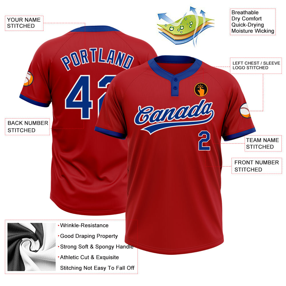 Custom Red Royal-White Two-Button Unisex Softball Jersey view 3
