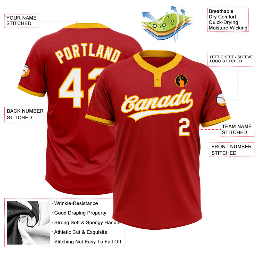 Custom Red White-Gold Two-Button Unisex Softball Jersey view 3