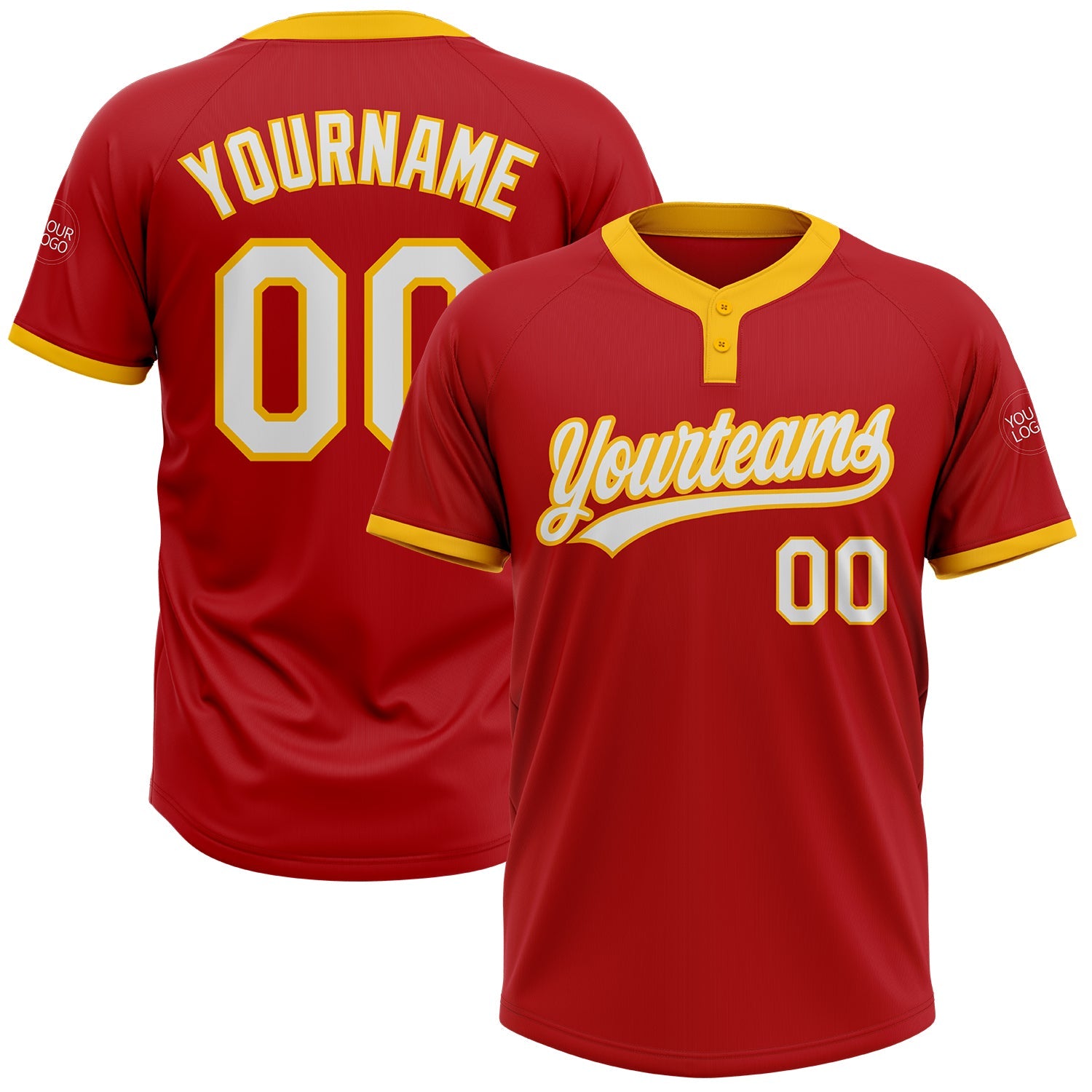 Custom Red White-Gold Two-Button Unisex Softball Jersey - Main View