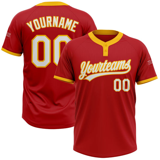 Custom Red White-Gold Two-Button Unisex Softball Jersey - Main View