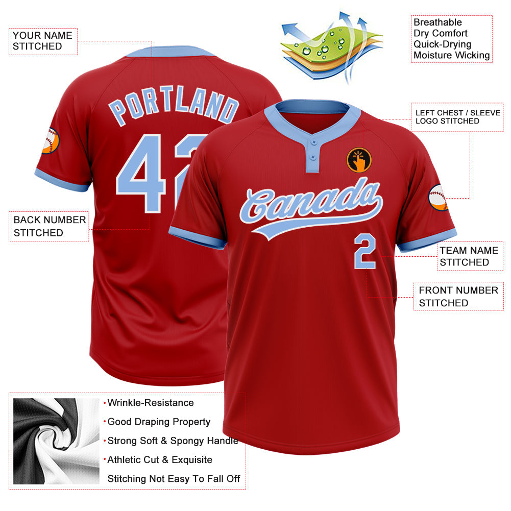 Custom Red Light Blue-White Two-Button Unisex Softball Jersey view 3