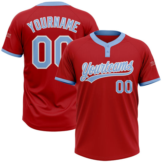 Custom Red Light Blue-White Two-Button Unisex Softball Jersey - Main View