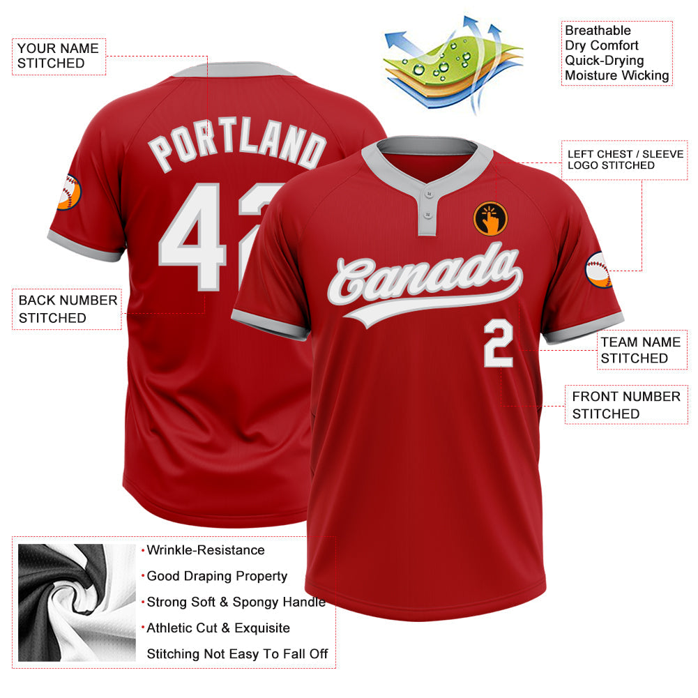 Custom Red White-Gray Two-Button Unisex Softball Jersey view 3
