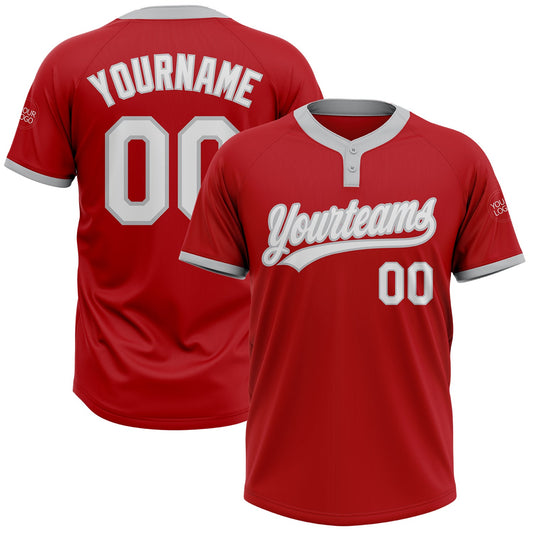 Custom Red White-Gray Two-Button Unisex Softball Jersey - Main View