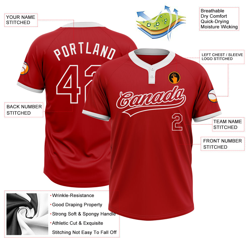 Custom Red Red-White Two-Button Unisex Softball Jersey view 3