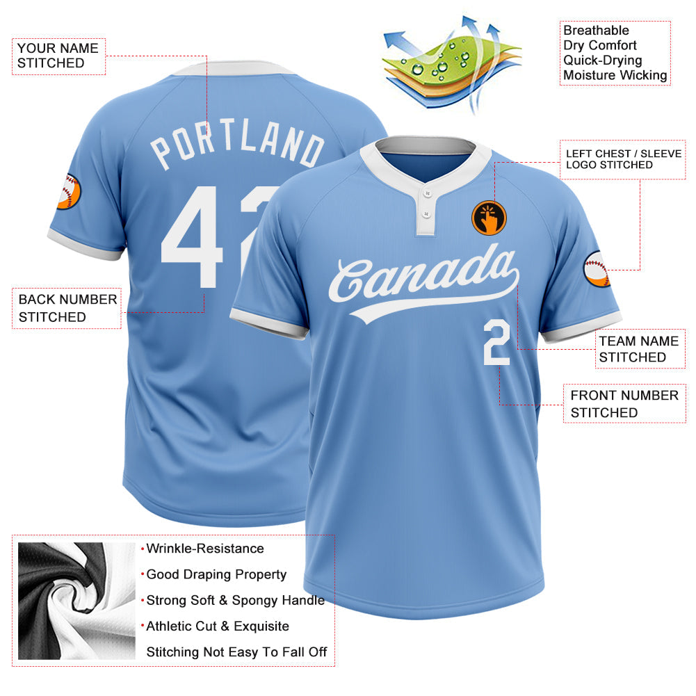 Custom Light Blue White Two-Button Unisex Softball Jersey view 3