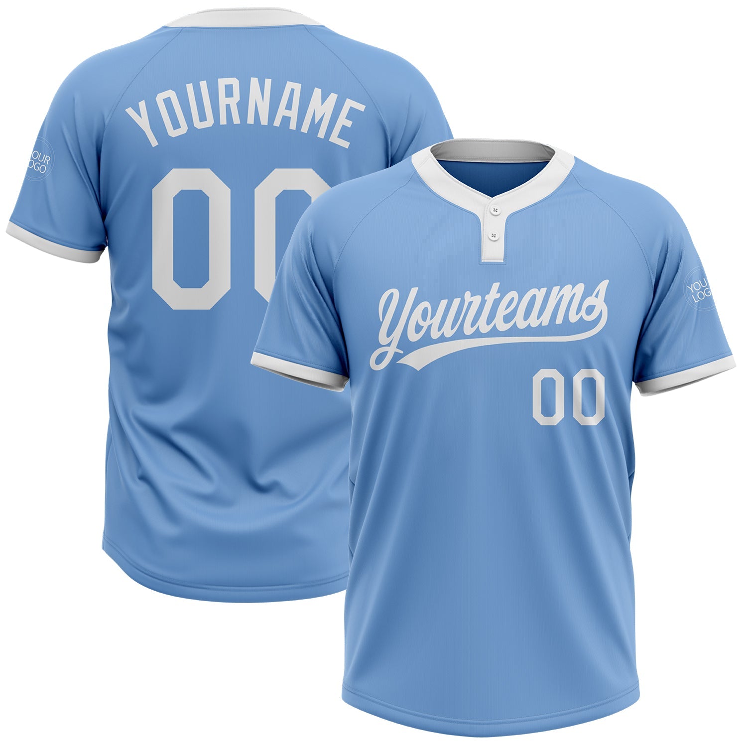 Custom Light Blue White Two-Button Unisex Softball Jersey - Main View