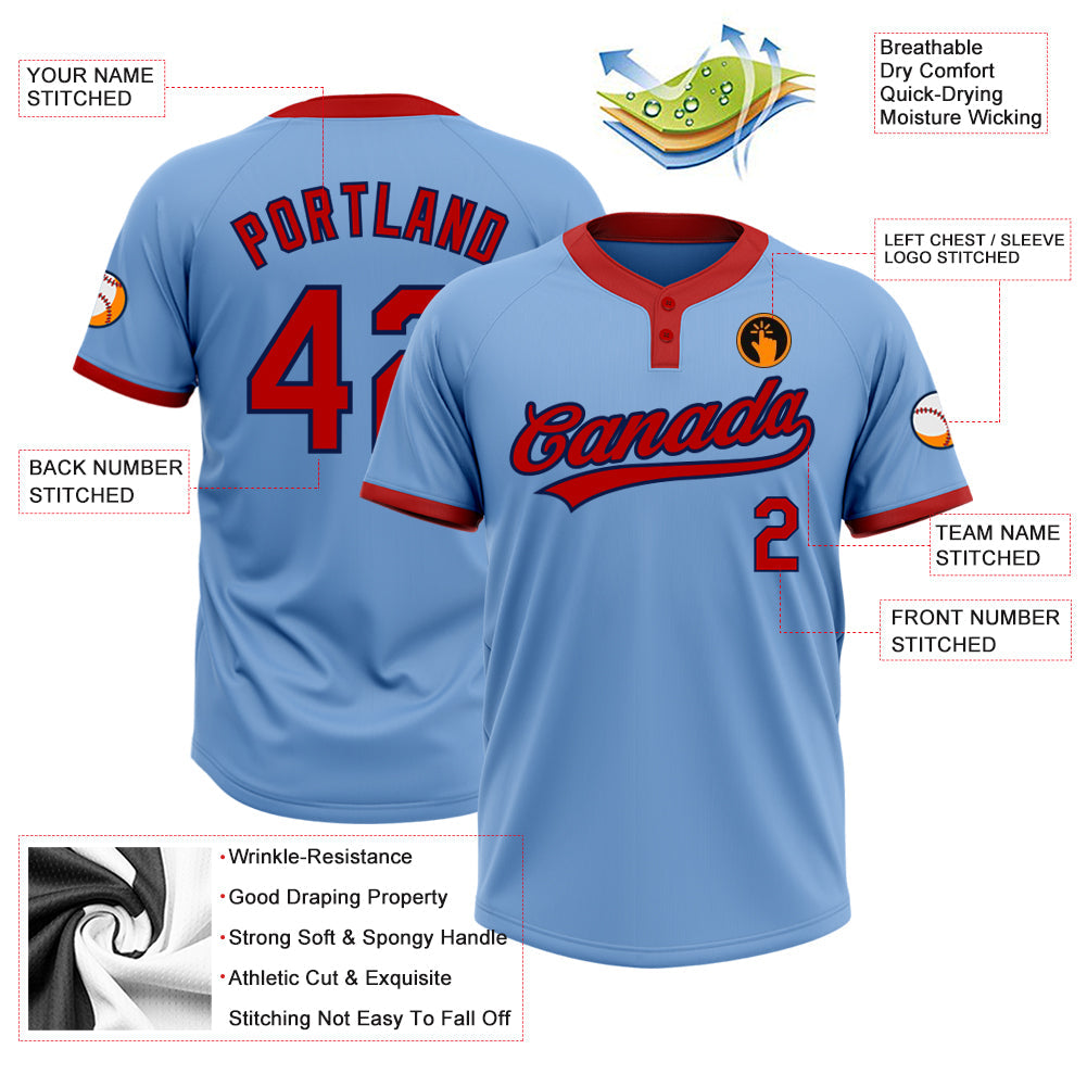 Custom Light Blue Red-Navy Two-Button Unisex Softball Jersey view 3