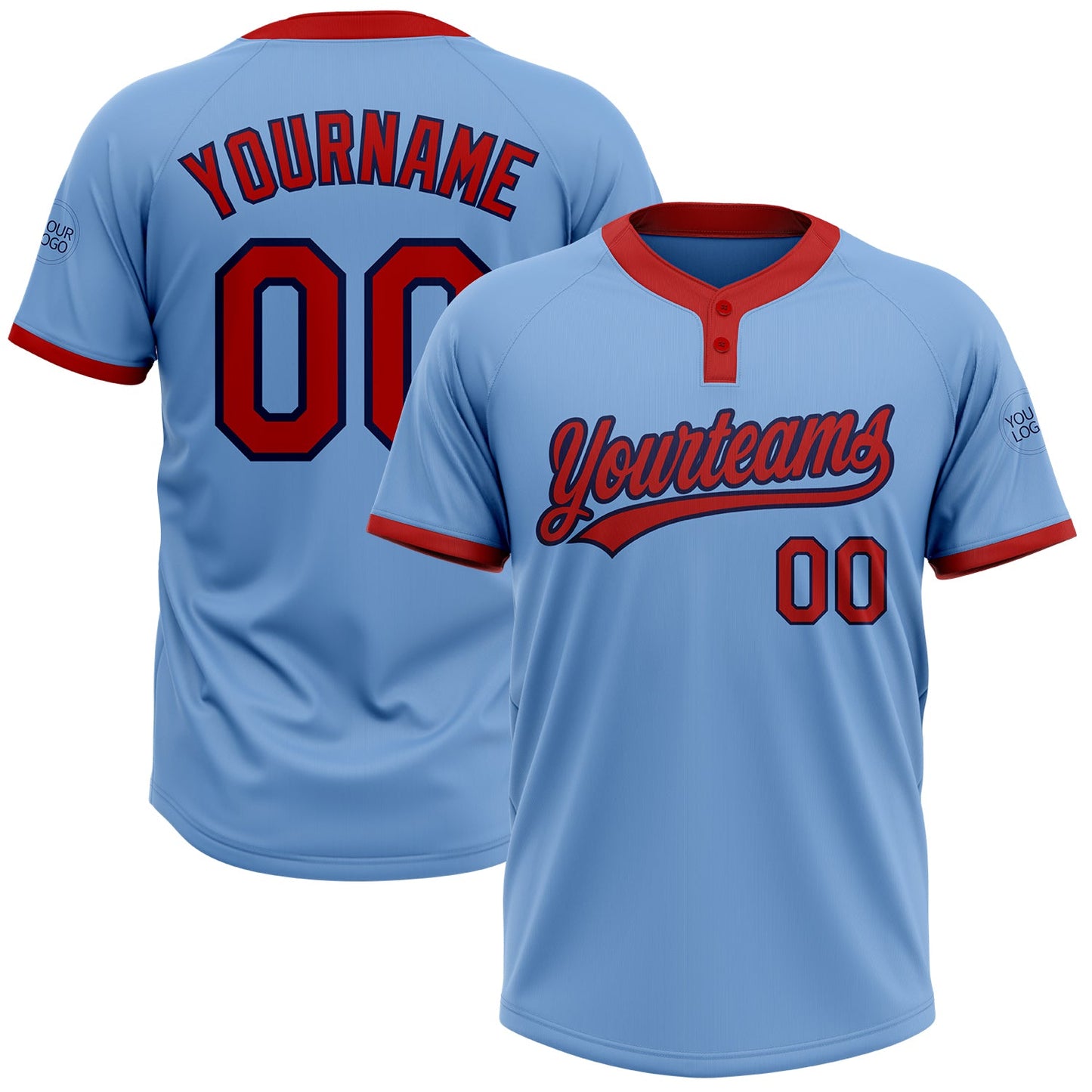 Custom Light Blue Red-Navy Two-Button Unisex Softball Jersey - Main View