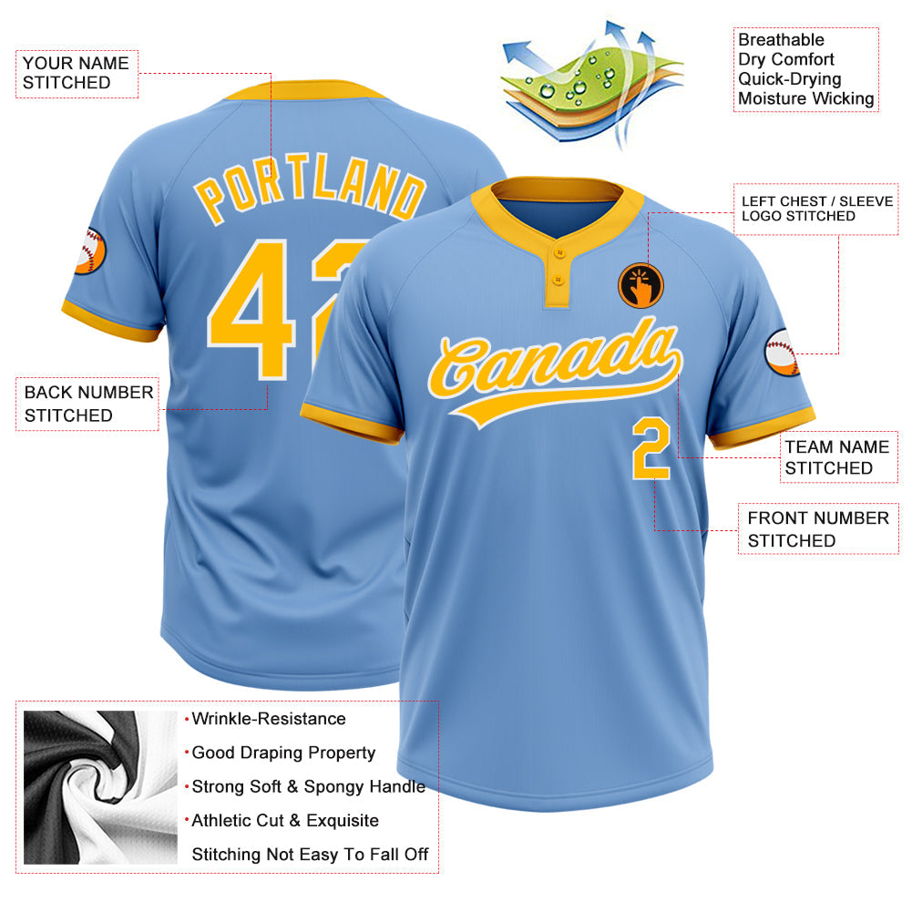 Custom Light Blue Gold-White Two-Button Unisex Softball Jersey view 3