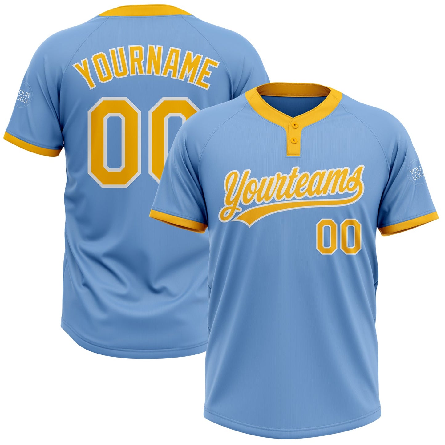 Custom Light Blue Gold-White Two-Button Unisex Softball Jersey - Main View