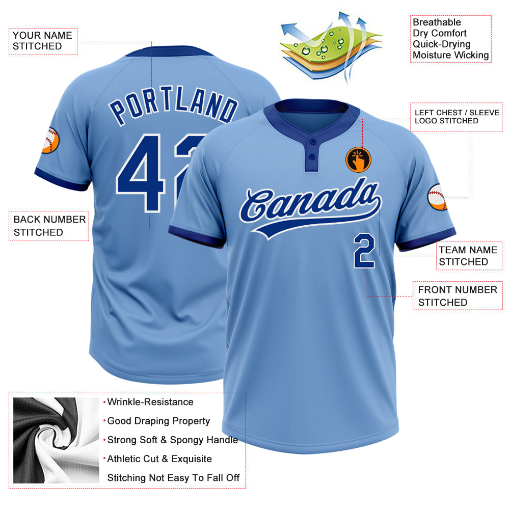 Custom Light Blue Royal-White Two-Button Unisex Softball Jersey view 3