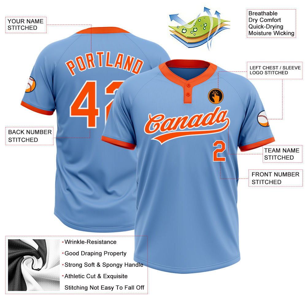 Custom Light Blue Orange-White Two-Button Unisex Softball Jersey view 3