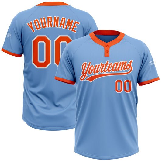 Custom Light Blue Orange-White Two-Button Unisex Softball Jersey - Main View