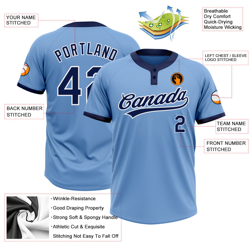 Custom Light Blue Navy-White Two-Button Unisex Softball Jersey view 3